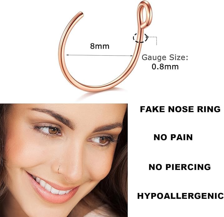 D.Bella Fake Nose Ring, 20G Faux Piercing Jewelry 8mm Fake Nose Ring Hoop for Faux Lip Septum Nose Ring Set - Image 2